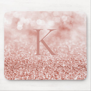 Girly Rose Gold Glitter Shiny Bokeh Monogram Mouse Mat