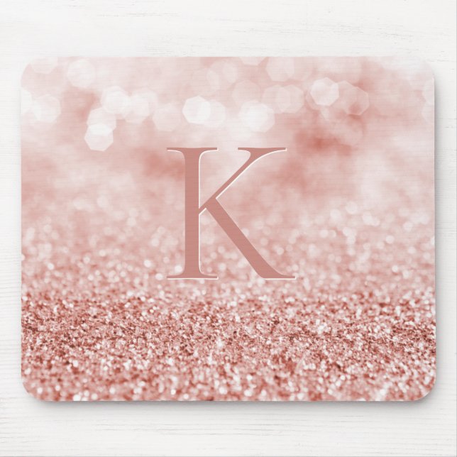 Girly Rose Gold Glitter Shiny Bokeh Monogram Mouse Mat (Front)