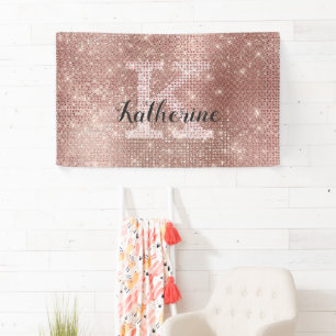 Girly Rose Gold Glitter Sparkle Monogram Name Dorm Banner