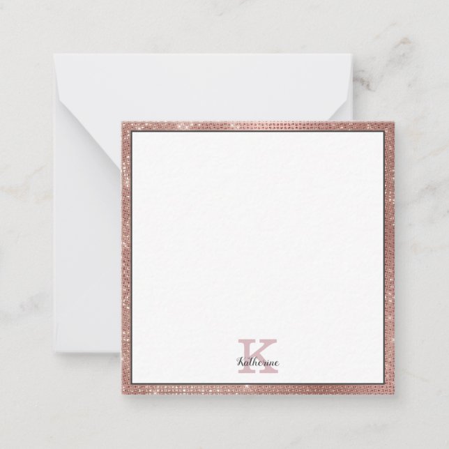 Girly Rose Gold Glitter Sparkle Monogram Name Note Card (Front)