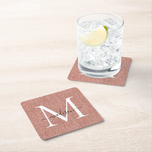 Girly Rose Gold Glitter Sparkle Monogram Script Square Paper Coaster (Insitu)