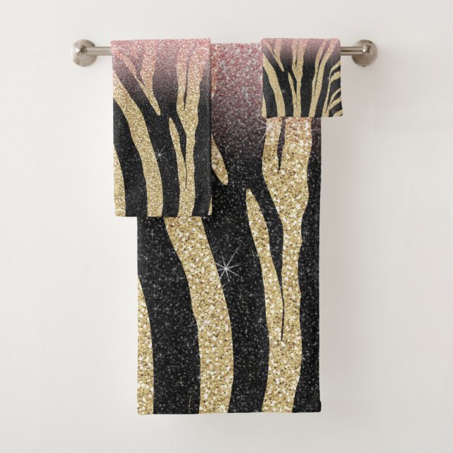 Girly Rose Gold Glitter Sparkles Black Zebra Print Bath Towel Set (Insitu)