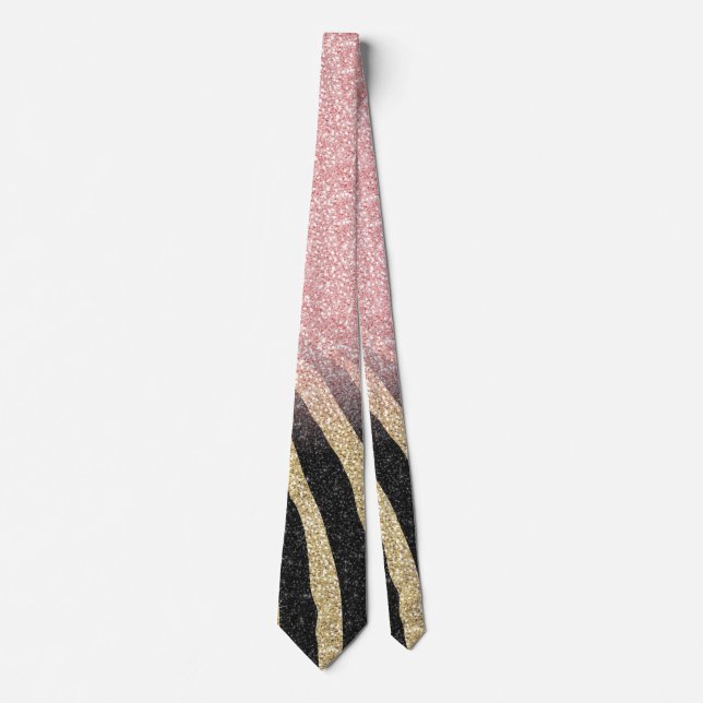 Girly Rose Gold Glitter Sparkles Black Zebra Print Tie (Front)