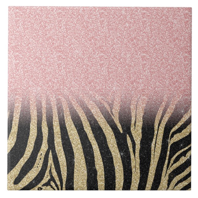 Girly Rose Gold Glitter Sparkles Black Zebra Print Tile (Front)