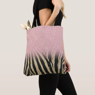 Girly Rose Gold Glitter Sparkles Black Zebra Print Tote Bag