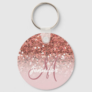 Girly Rose Gold Glitter Sparkles Monogram Name Key Ring