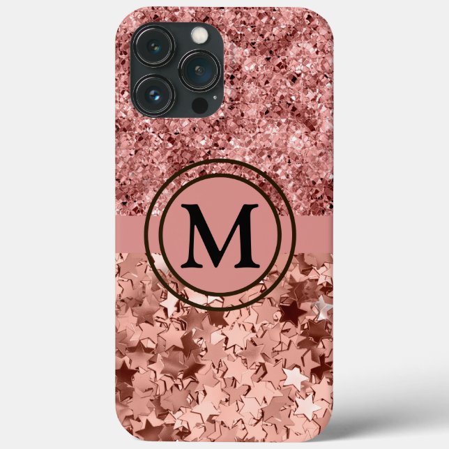 Girly Rose Gold Glitter Stars Monogram Case-Mate iPhone Case (Back)