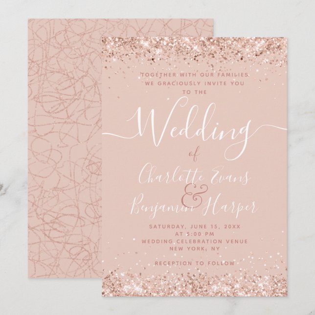 Girly Rose Gold Glitter Wedding Invitation (Front/Back)