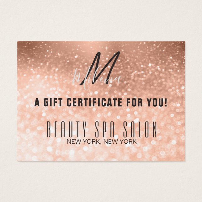 Girly Rose Gold Glittery Monogram Gift Certificate (Front)
