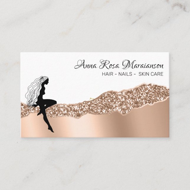 *~* Girly Rose Gold Long Hair Goddess Beauty Business Card (Front)