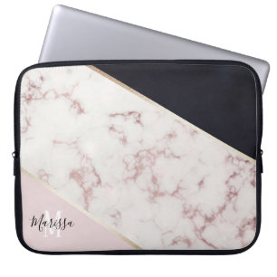 Girly Rose Gold Marble Abstract Monogram Laptop Sleeve