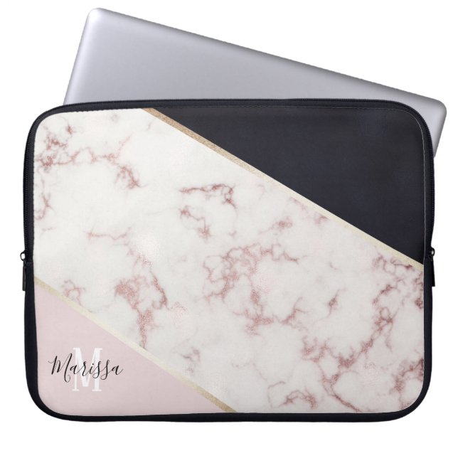 Girly Rose Gold Marble Abstract Monogram Laptop Sleeve (Front)