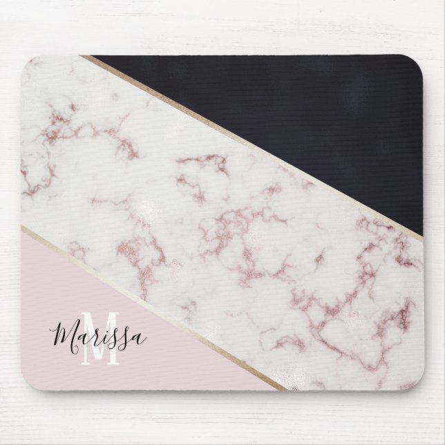 Girly Rose Gold Marble Abstract Monogram Mouse Mat (Front)