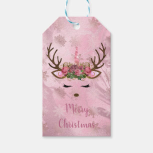 Girly rose gold marble unicorn reindeer snowflakes gift tags