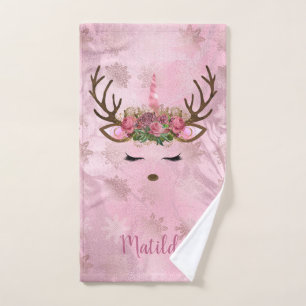 Girly rose gold marble unicorn reindeer snowflakes hand towel