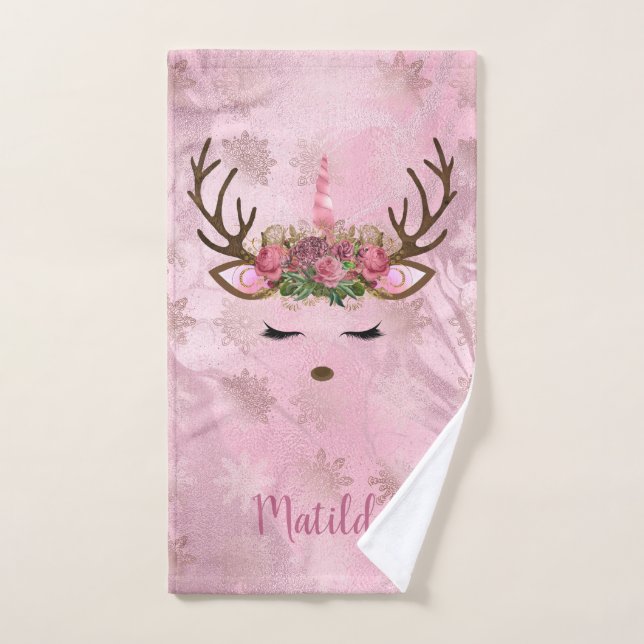 Girly rose gold marble unicorn reindeer snowflakes hand towel (Hand Towel)