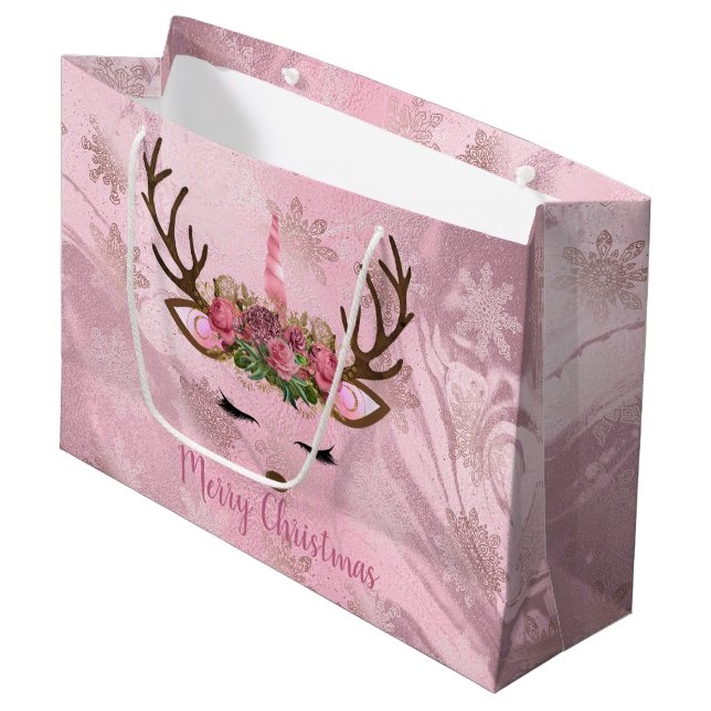 Girly rose gold marble unicorn reindeer snowflakes large gift bag (Front Angled)