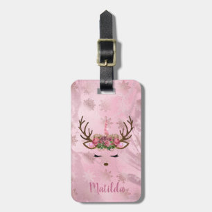 Girly rose gold marble unicorn reindeer snowflakes luggage tag