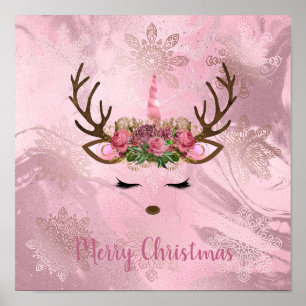 Girly rose gold marble unicorn reindeer snowflakes poster