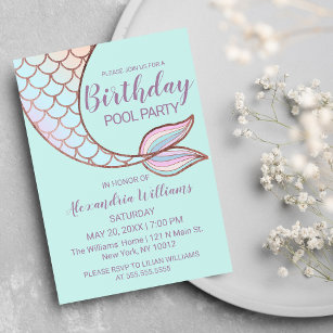 Girly Rose Gold Mint Mermaid Tail Pool Birthday Invitation