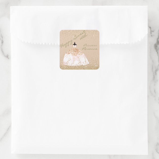 Girly Rose Gold Personalised Sweet 16th Birthday Square Sticker (Bag)