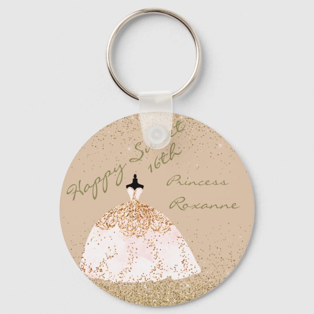 Girly Rose Gold Personalized Sweet 16th Birthday Key Ring (Front)