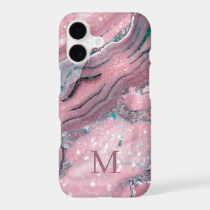 Girly Rose Gold Pink Agate Quartz Glitter Monogram