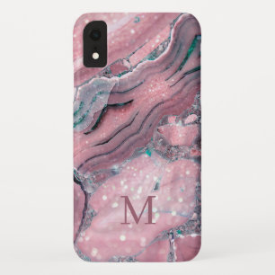 Girly Rose Gold Pink Agate Quartz Glitter Monogram iPhone XR Case