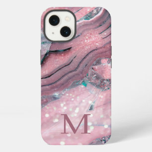 Girly Rose Gold Pink Agate Quartz Glitter Monogram iPhone 13 Case