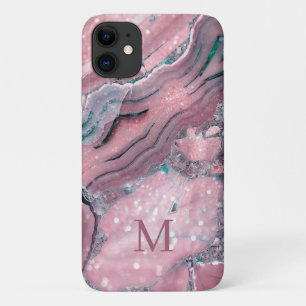 Girly Rose Gold Pink Agate Quartz Sparkle Monogram iPhone 11 Case