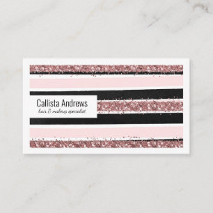 Girly Rose Gold Pink Black Glitter Stripes Pattern Business Card