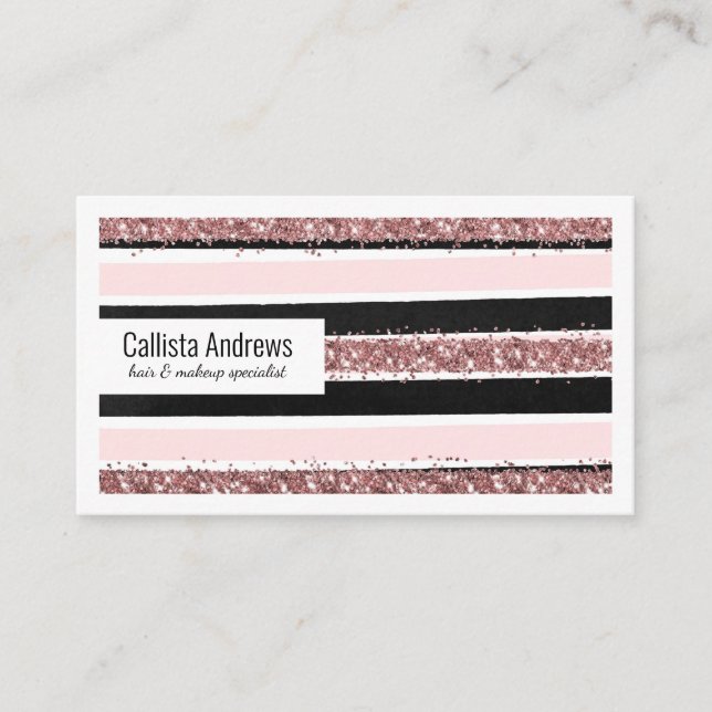 Girly Rose Gold Pink Black Glitter Stripes Pattern Business Card (Front)