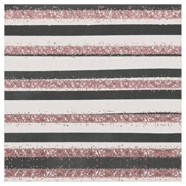 Girly Rose Gold Pink Black Glitter Stripes Pattern Fabric (Close Up)