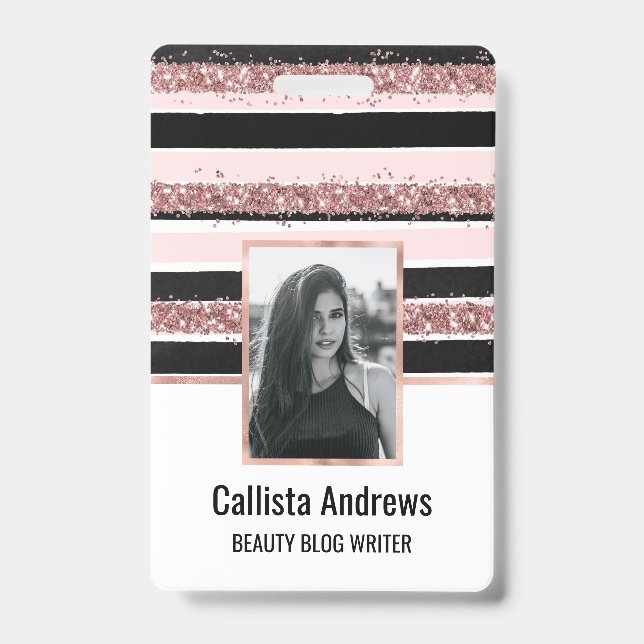 Girly Rose Gold Pink Black Glitter Stripes Pattern ID Badge (Front)