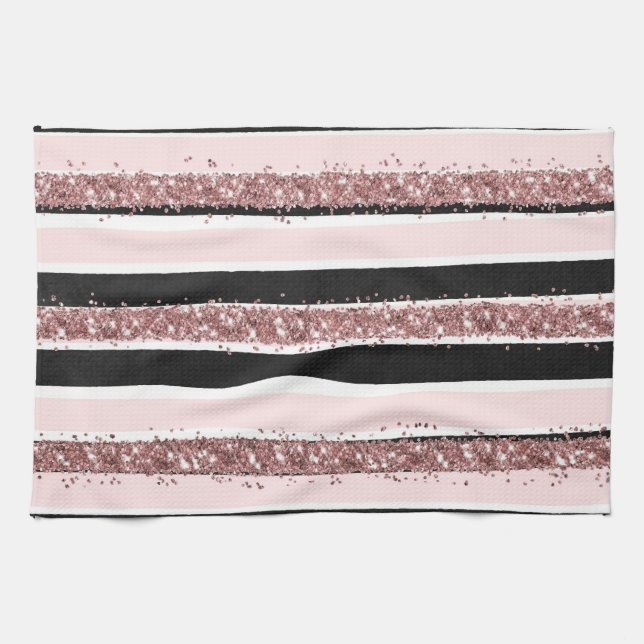 Girly Rose Gold Pink Black Glitter Stripes Pattern Tea Towel (Horizontal)