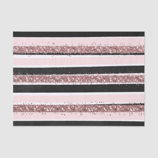 Girly Rose Gold Pink Black Glitter Stripes Pattern Tissue Paper (Front)