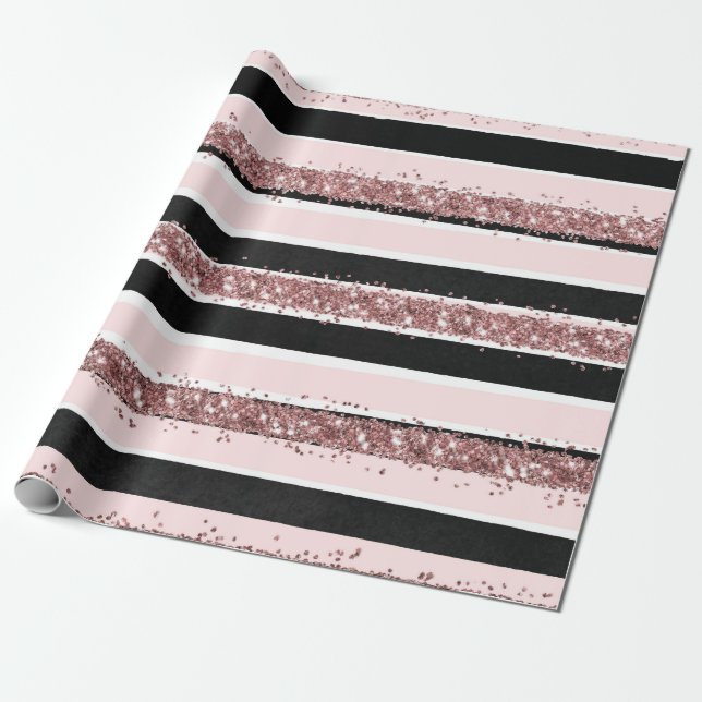 Girly Rose Gold Pink Black Glitter Stripes Pattern Wrapping Paper (Unrolled)