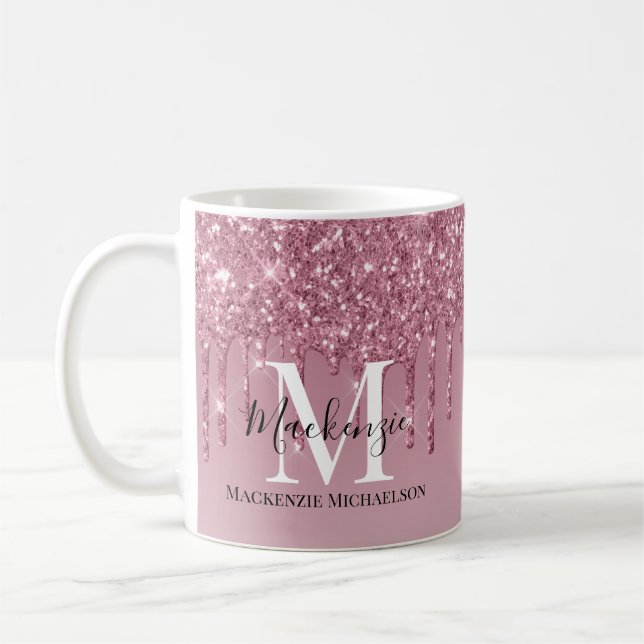 Girly Rose Gold Pink Glitter Monogram Name  Coffee Mug (Left)