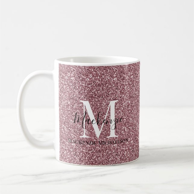 Girly Rose Gold Pink Glitter Monogram Name  Coffee Mug (Left)