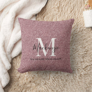 Girly Rose Gold Pink Glitter Monogram Name  Cushion
