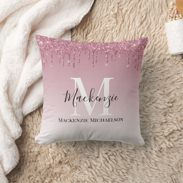 Girly Rose Gold Pink Glitter Monogram Name   Cushion (Blanket)