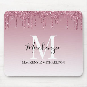 Girly Rose Gold Pink Glitter Monogram Name Mouse Mat