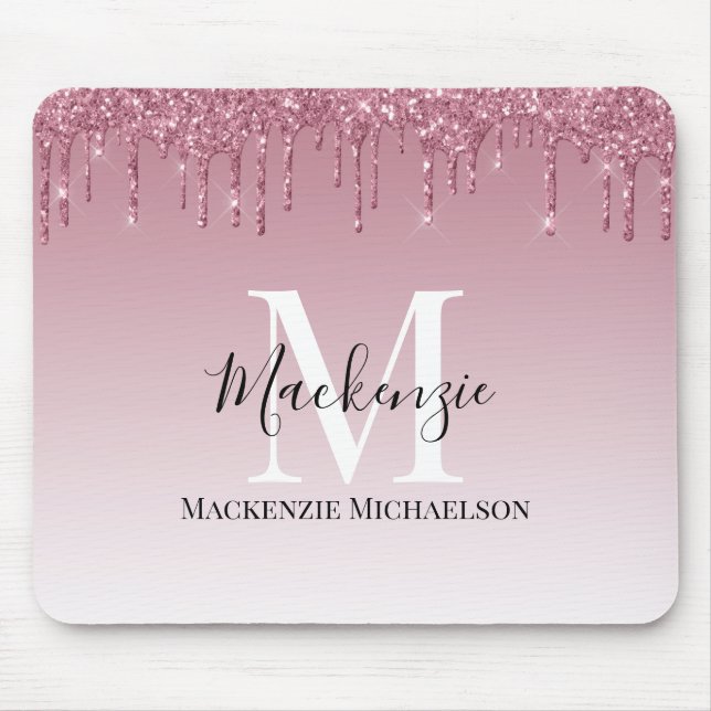 Girly Rose Gold Pink Glitter Monogram Name  Mouse Mat (Front)