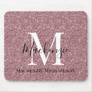 Girly Rose Gold Pink Glitter Monogram Name  Mouse Mat