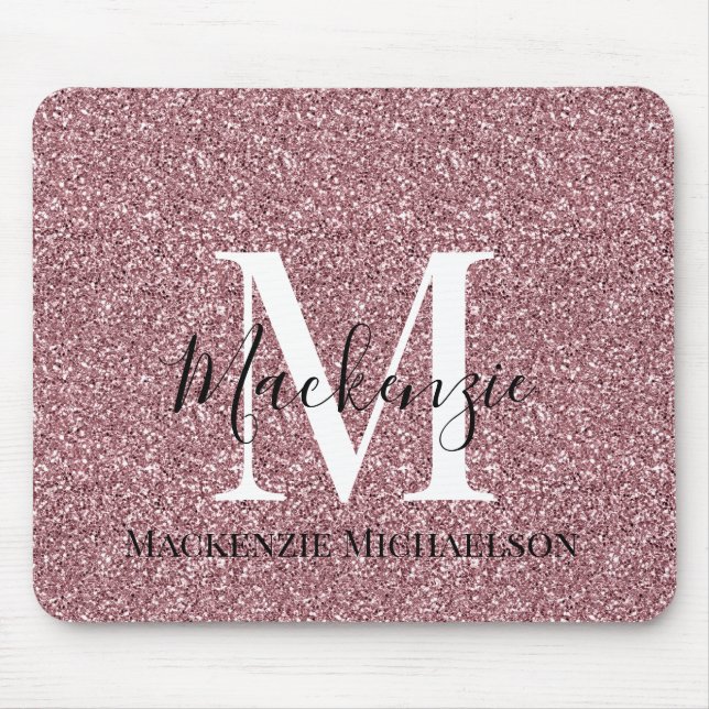 Girly Rose Gold Pink Glitter Monogram Name  Mouse Mat (Front)