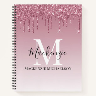 Girly Rose Gold Pink Glitter Monogram Name Notebook