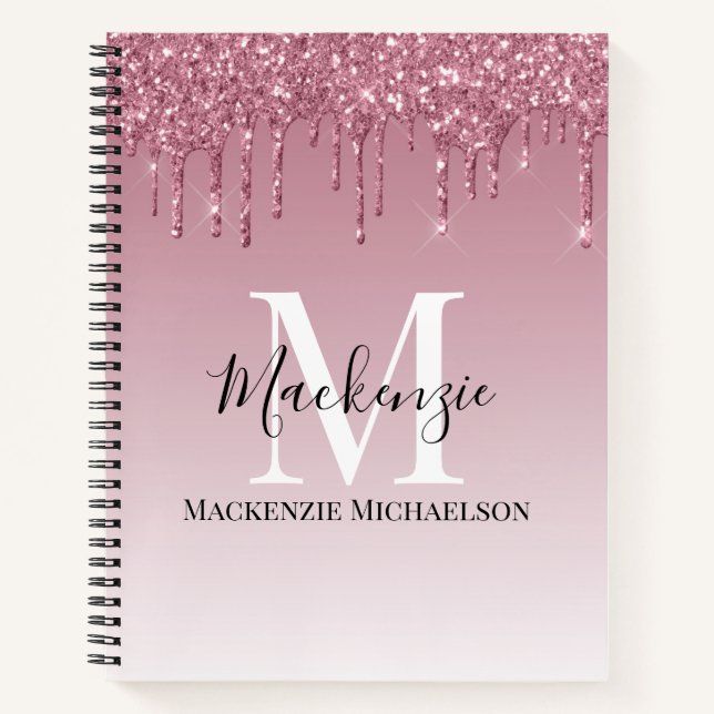 Girly Rose Gold Pink Glitter Monogram Name Notebook (Front)