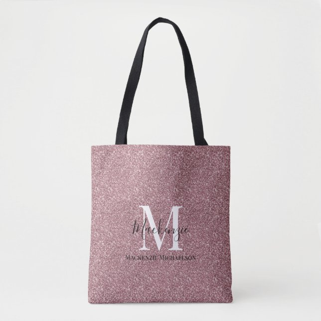 Girly Rose Gold Pink Glitter Monogram Name  Tote Bag (Front)