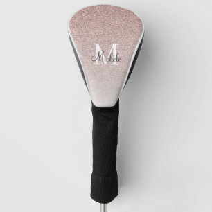 Girly Rose Gold Pink Glitter Monogram Script Golf Head Cover