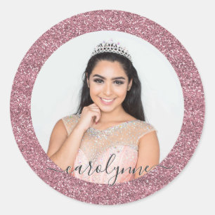 Girly Rose Gold Pink Glitter Name and Photo Classic Round Sticker